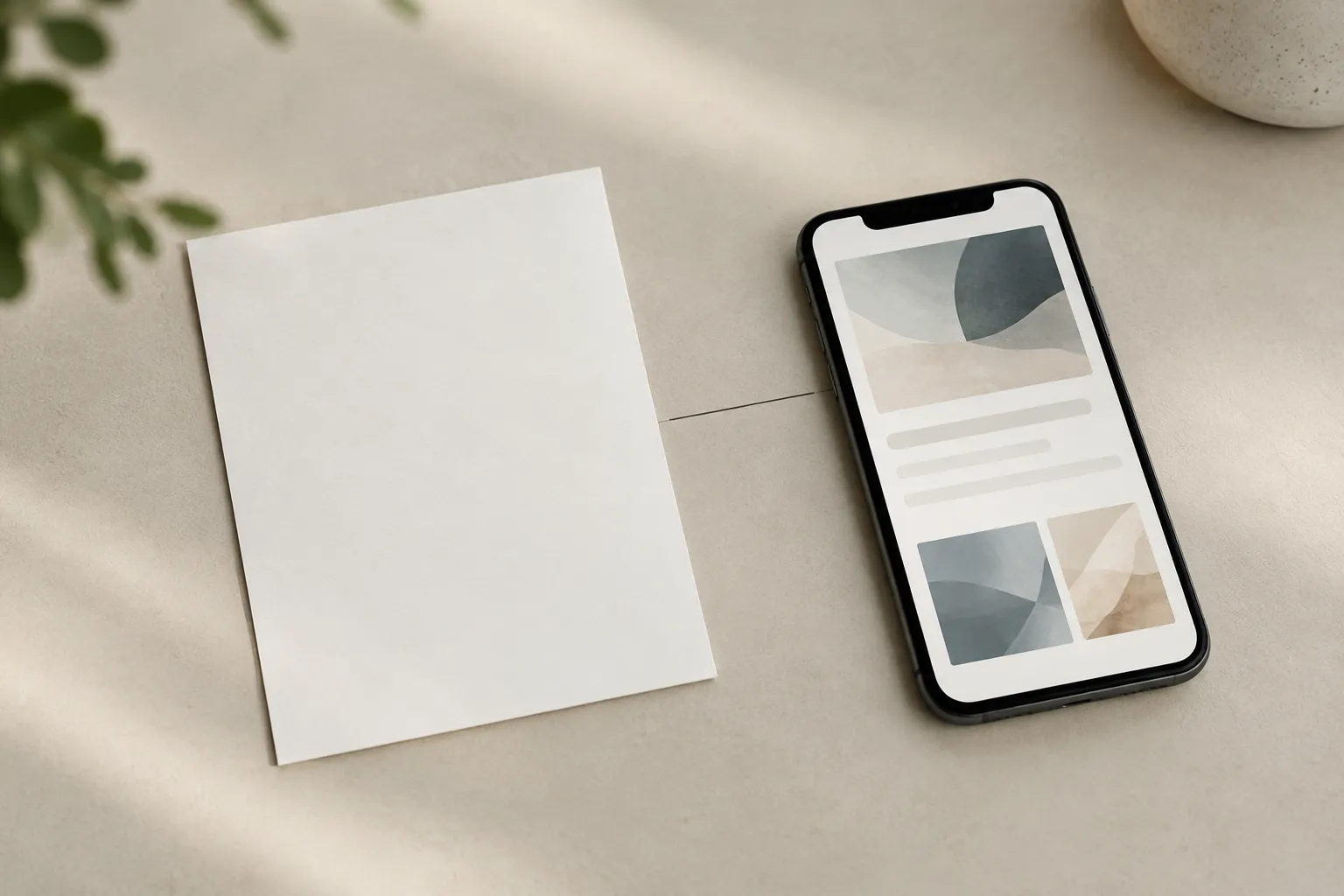Eine unbeschriftete Karte liegt neben einem Smartphone mit abstrakten Flächen und Formularfeldern, verbunden durch eine dünne Linie