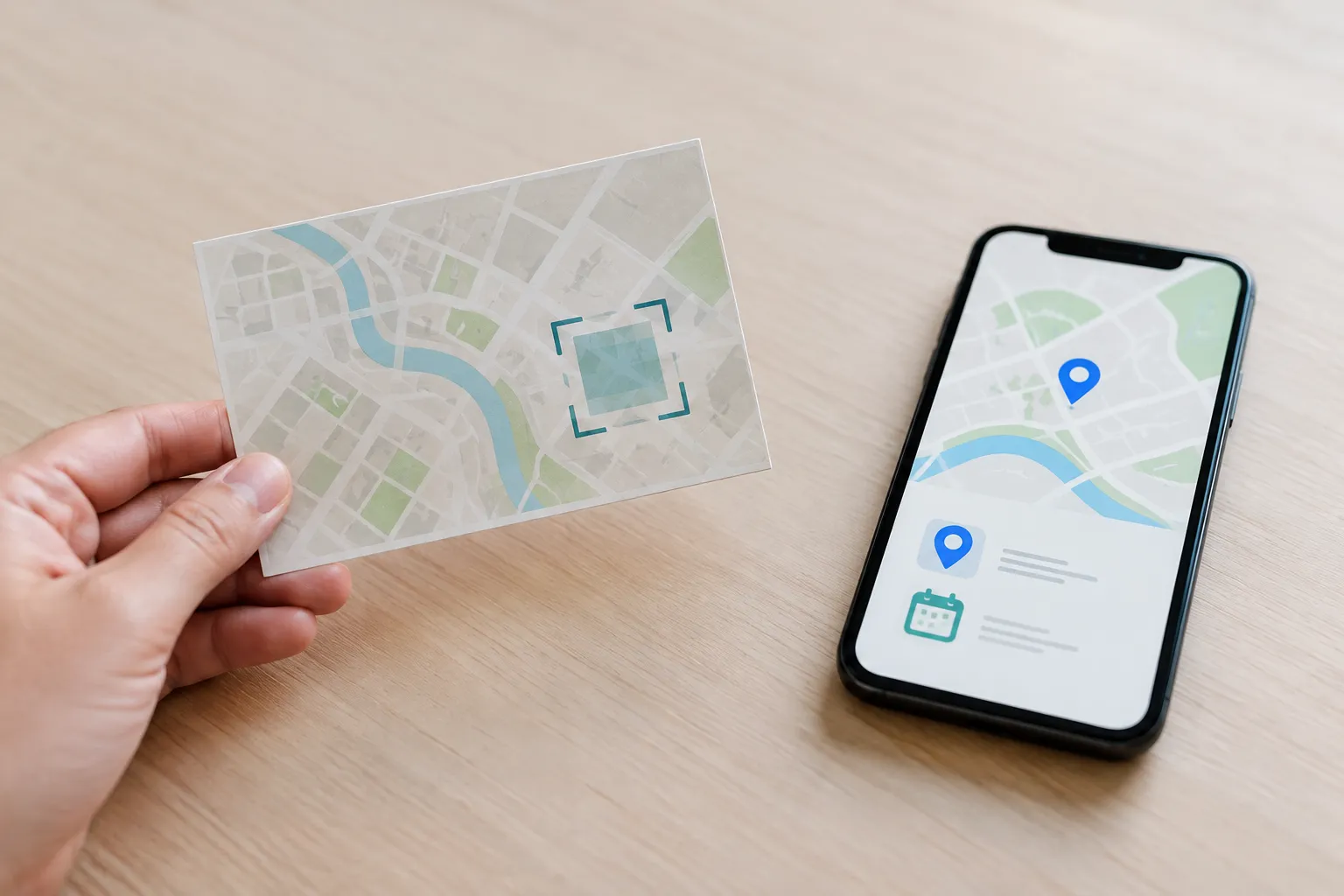 Eine Hand hält einen gedruckten Lageplan mit Scanfläche neben einem Smartphone mit Standort- und Kalendersymbolen