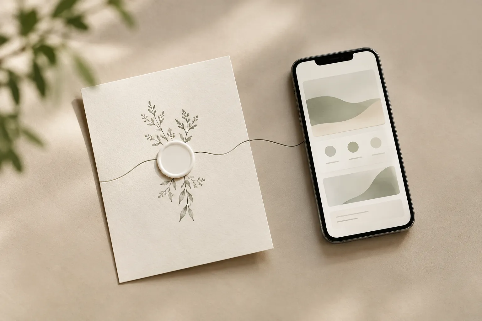 Eine Hochzeitseinladung mit Zweigen und einem unbeschrifteten Siegel liegt neben einem Smartphone mit abstrakten Flächen, verbunden durch eine dünne Linie