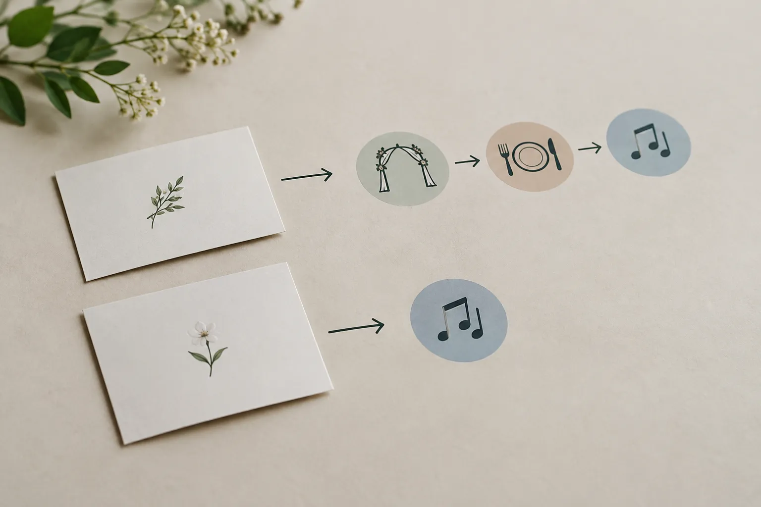 Zwei Karten mit Blumenmotiven führen über Pfeile zu Symbolen für Trauung, Abendessen und Musik oder nur zu einem Musiksymbol