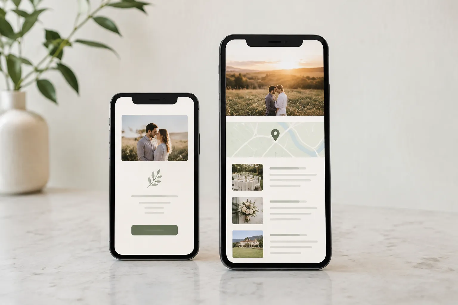 Zwei Smartphones zeigen eine kurze Einladung und eine ausführlichere Hochzeitswebsite mit Fotos, einer Karte und Informationsblöcken