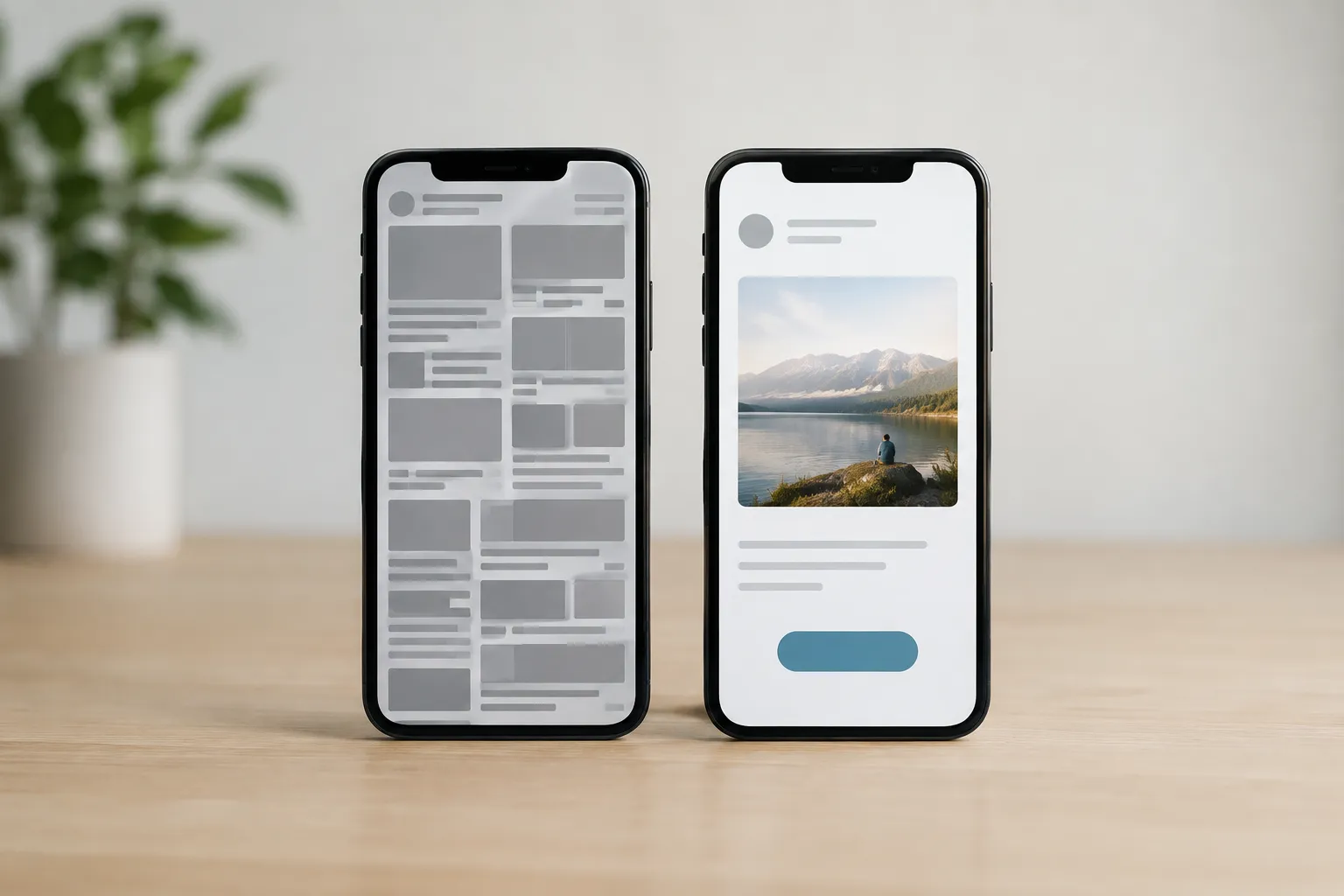 Zwei Smartphones zeigen links ein überladenes Layout und rechts viel Weißraum, ein Landschaftsfoto und einen blauen Button